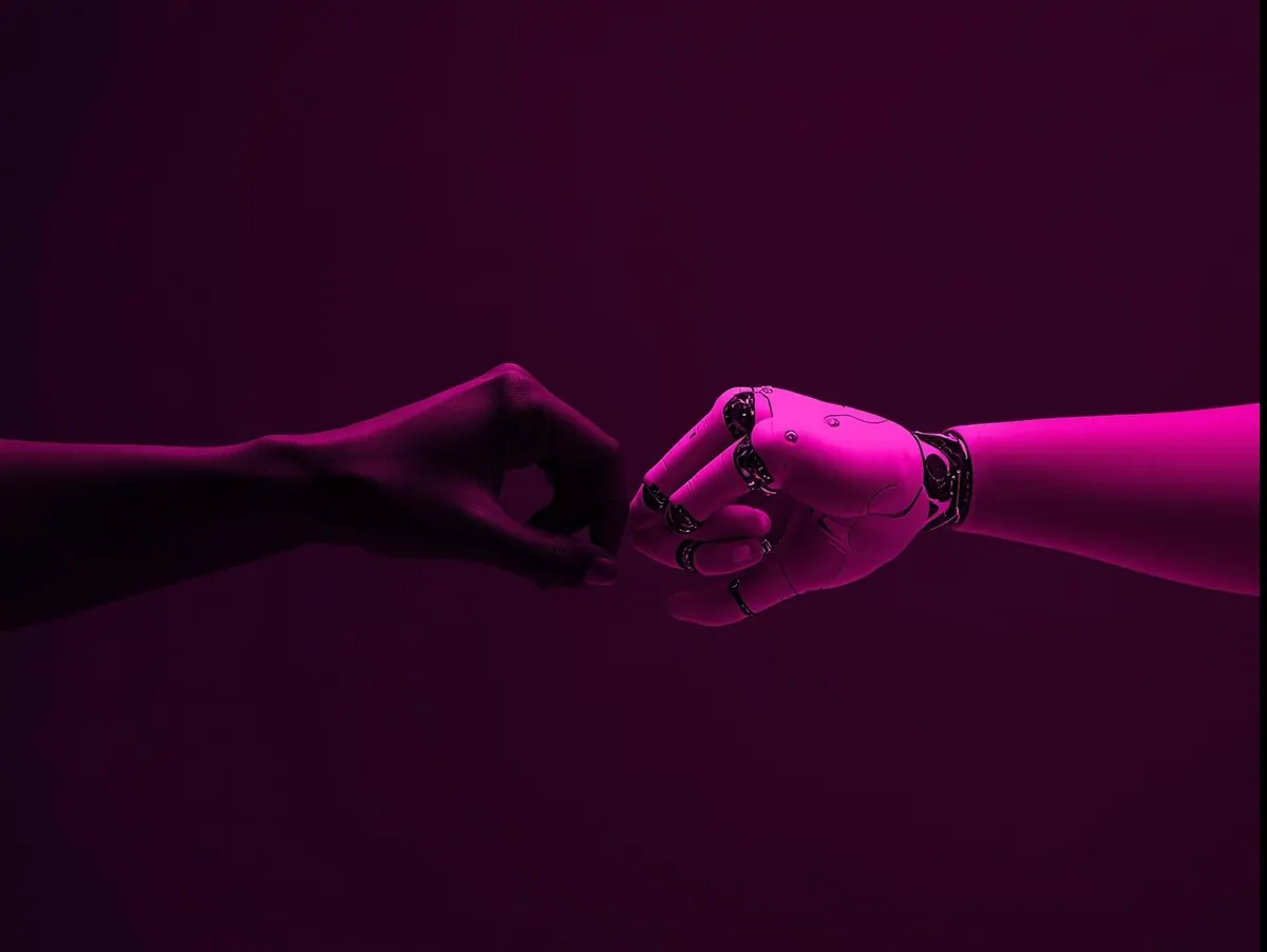 Menschliche Hand und Roboterhand in magentafarbener Beleuchtung
