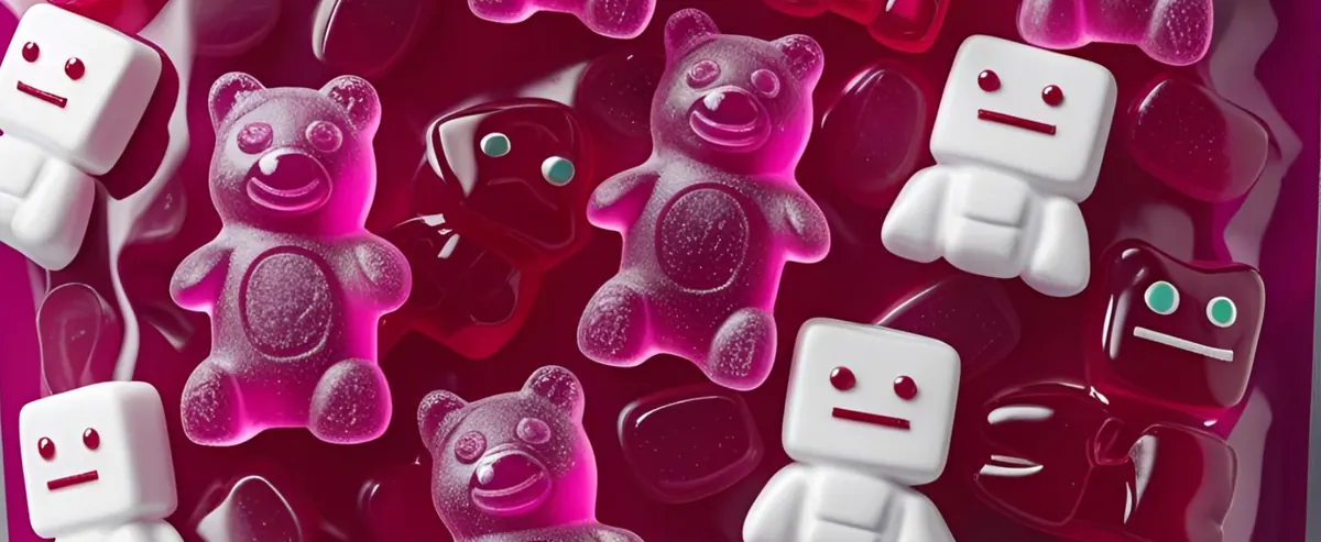 Gummibärchen und kleine Roboterfiguren in magentafarbener Beleuchtung