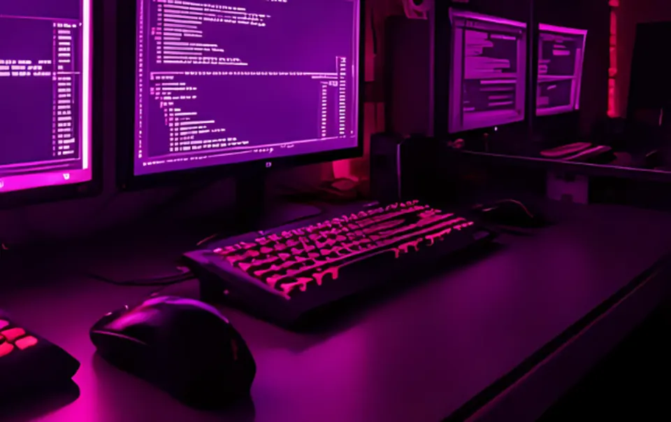 Bildschirmarbeitsplatz mit Code und magentafarbener Beleuchtung
